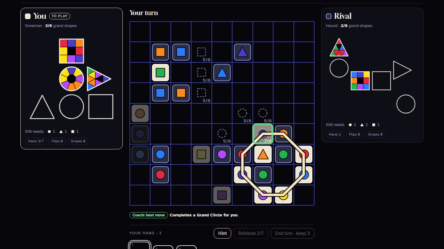 A game of Mosaic in progress, a hint showing the move that completes a Grand Circle