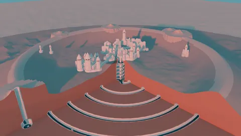 Blender cutaway of Ooster: the town above, the boat lift and the Below Bay's spiral tunnel in the rock below