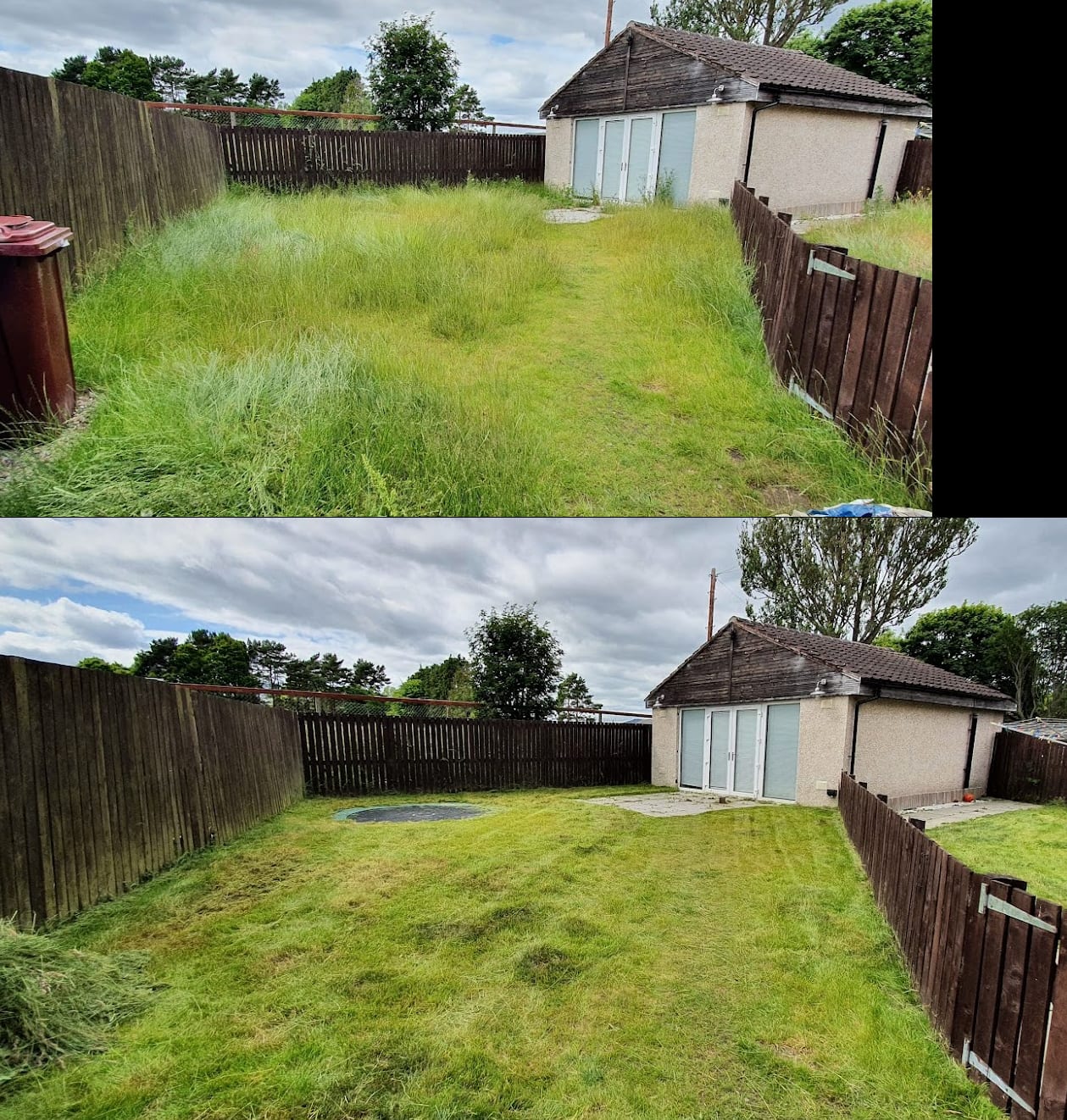 Before and after: a back lawn in long grass, then mown with its circular feature cleared.