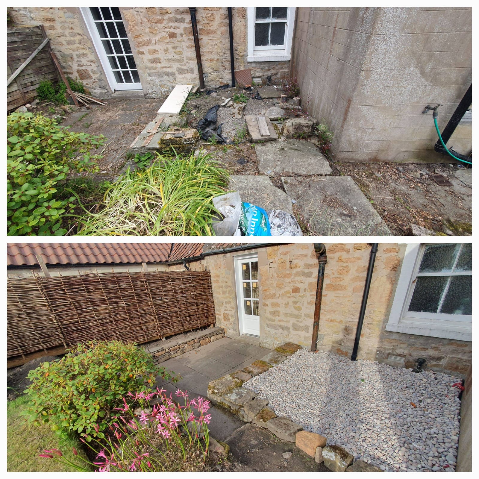 Before and after: a back door with broken slabs and soil, then a gravel bed with a new stone edge and hazel screen.