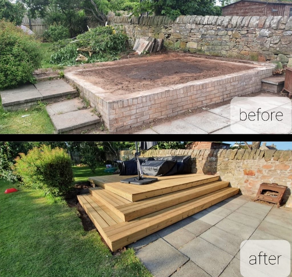 Before and after: a brick raised bed at a back door, then a timber deck with two wide steps.