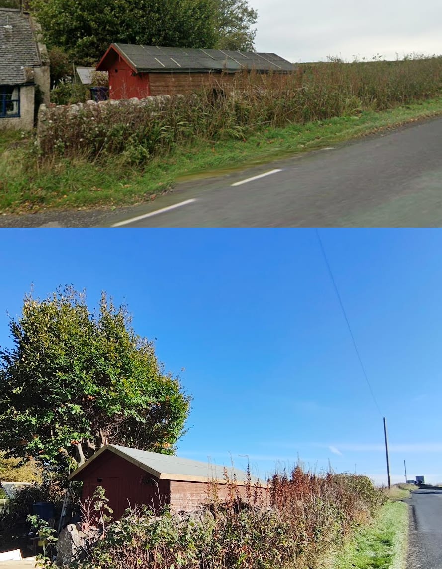 Before and after: a shed with worn, patched roofing felt, then the same shed with a new felt roof.