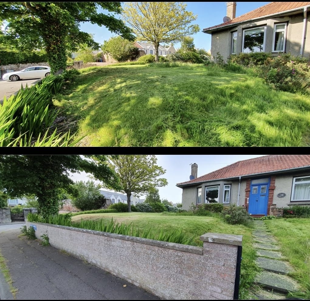 Before and after: a front garden grown out over its wall, then cut back with the wall and footpath clear.