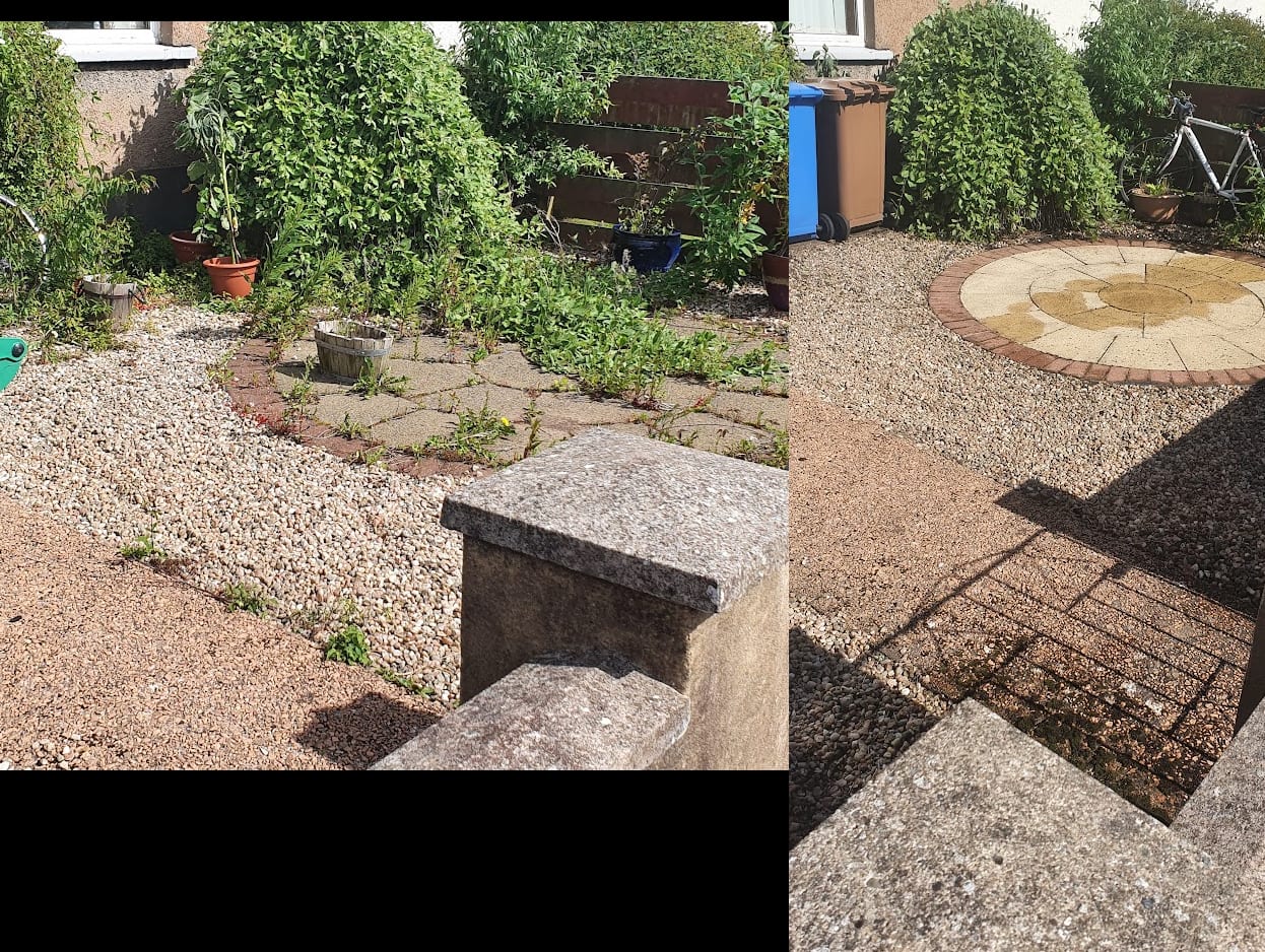 Before and after: a weedy gravel garden, then raked clean with the paved circle exposed.