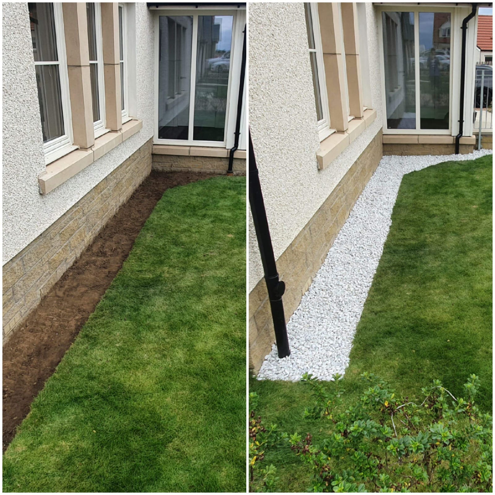 Before and after: turf up against a rendered wall, then a white gravel margin with timber edging.