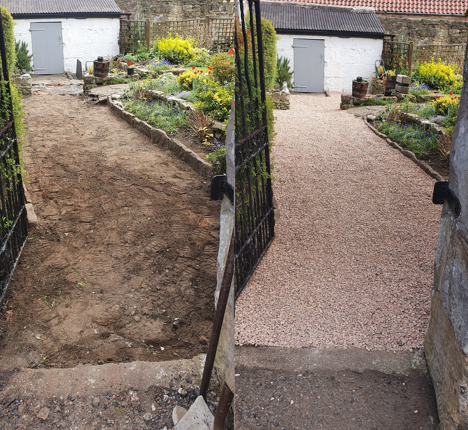 Before and after: a bare earth path through an iron gate, then compacted gravel edged both sides.