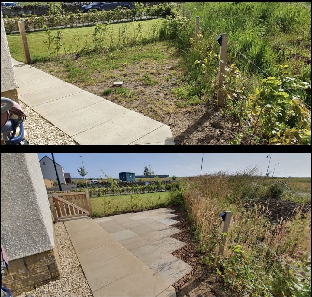 Before and after: a weedy patch beside the house, then sandstone slabs with cobble edging.