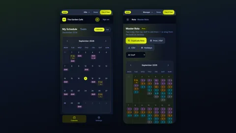 Rota on two phones, a staff schedule and the manager's rota